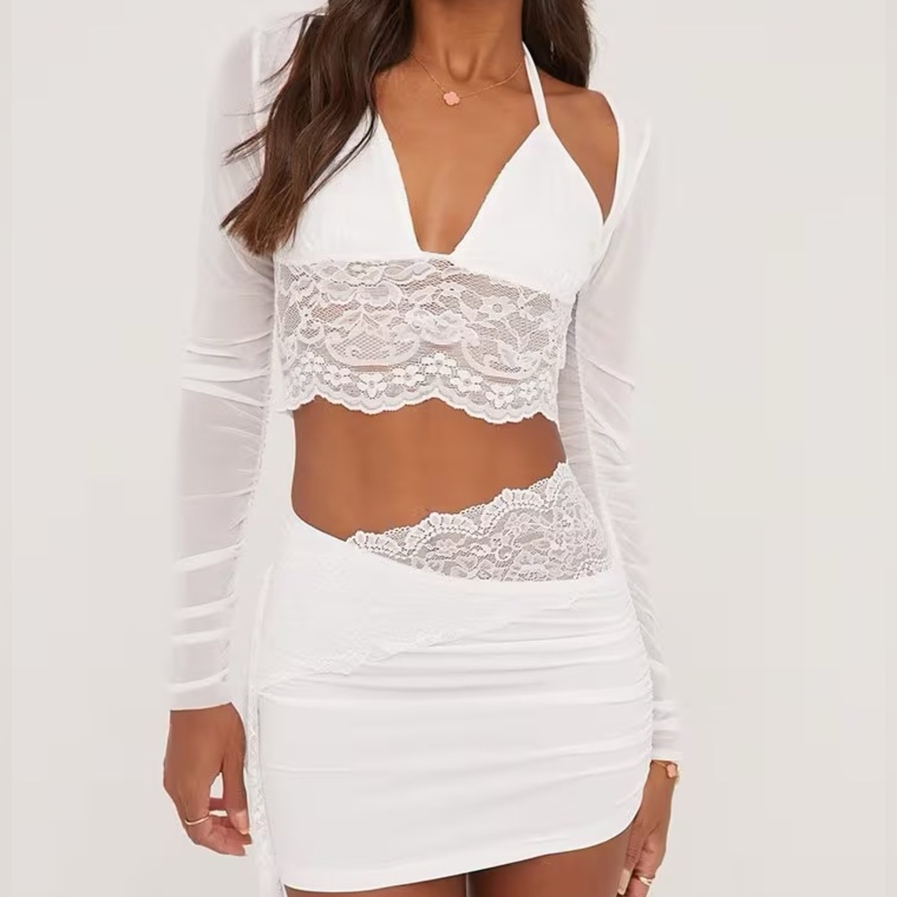 Halter Mesh White Lace Two-Piece Long Sleeve Top Skirt‎ Set Size XS Party Rave